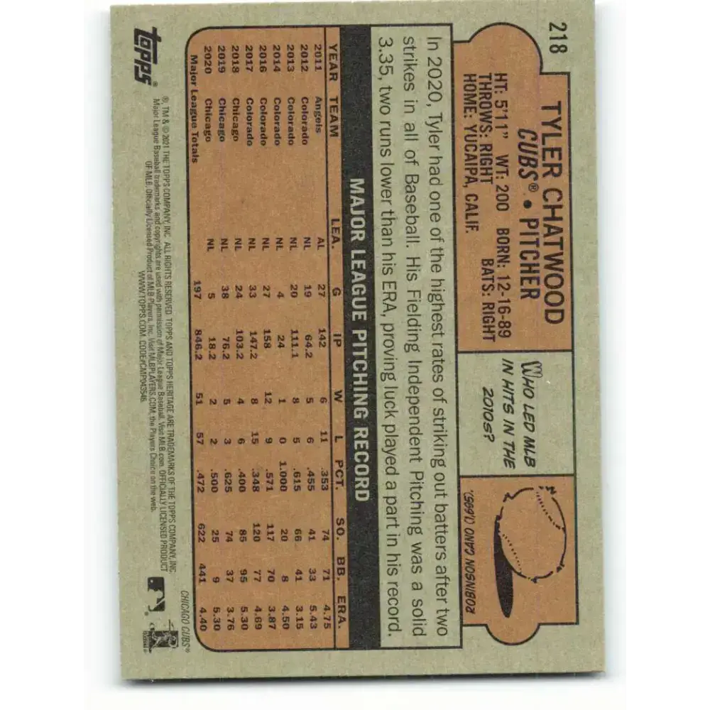 2021 Topps Heritage #218 Tyler Chatwood NM-MT Chicago Cubs Baseball Card - Baseball Card Single