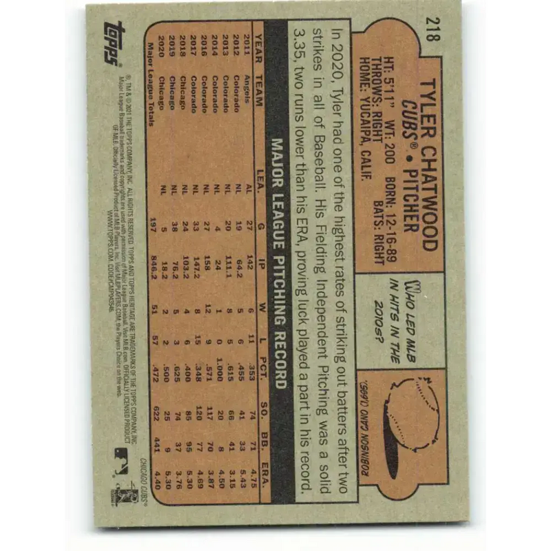 2021 Topps Heritage #218 Tyler Chatwood NM-MT Chicago Cubs Baseball Card - Baseball Card Single