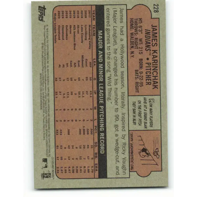 2021 Topps Heritage #228 James Karinchak NM-MT Cleveland Indians Baseball Card - Baseball Card Single