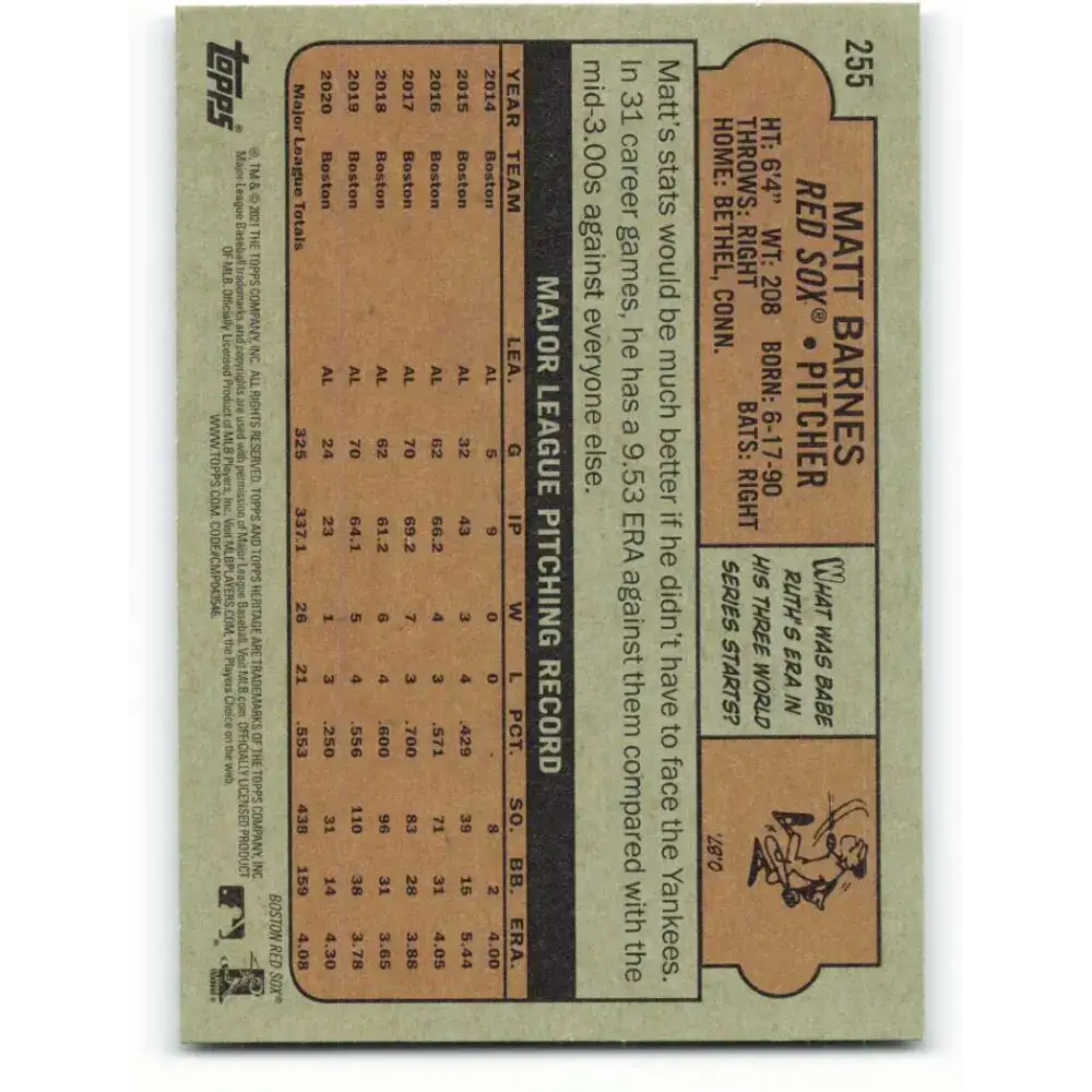 2021 Topps Heritage #255 Matt Barnes NM-MT Boston Red Sox Baseball Card - Baseball Card Single