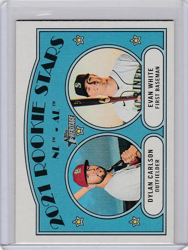 Baseball card featuring Dylan Carlson and Evan White Rookie on blue Topps Heritage backdrop