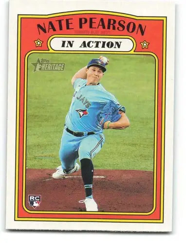 2021 Topps Heritage Nate Pearson baseball card with original gloss in Blue Jays rookie action