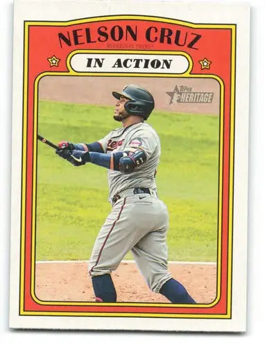 Nelson Cruz baseball card from 2021 Topps Heritage with original gloss featuring Twins In Action