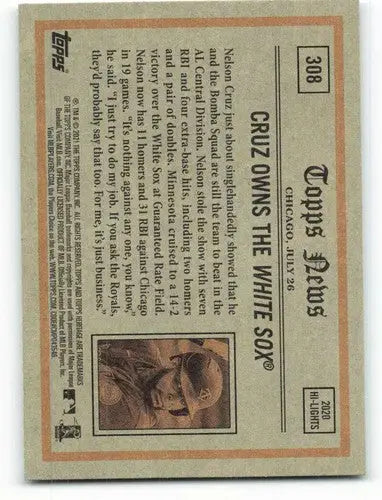 Baseball card back featuring Nelson Cruz from 2021 Topps Heritage with original gloss