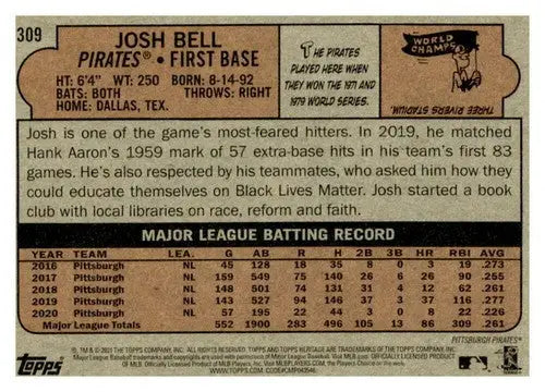 2021 Topps Heritage #309 Josh Bell NM-MT Pirates - Baseball Card Single