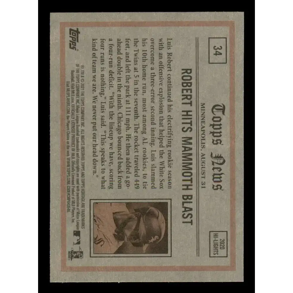2021 Topps Heritage #34 Luis Robert NM-MT Chicago White Sox Baseball Card - Baseball Card Single