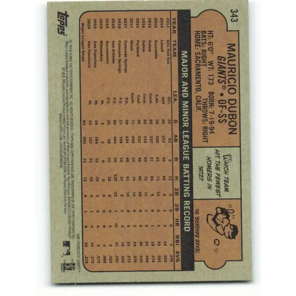 2021 Topps Heritage #343 Mauricio Dubon NM-MT San Francisco Giants Baseball Card - Baseball Card Single