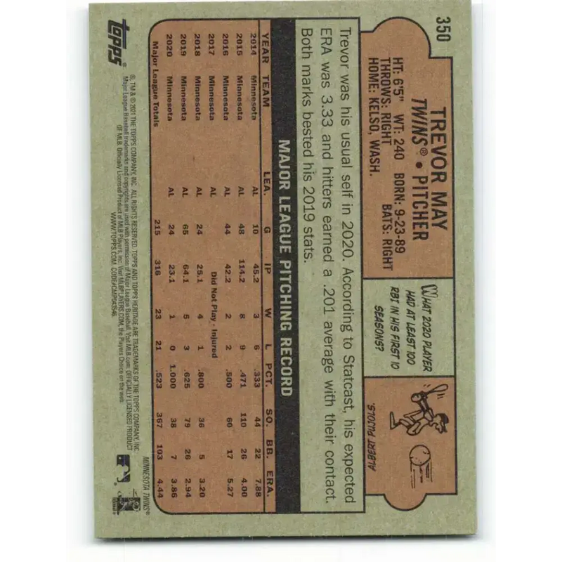 2021 Topps Heritage #350 Trevor May NM-MT Minnesota Twins Baseball Card - Baseball Card Single