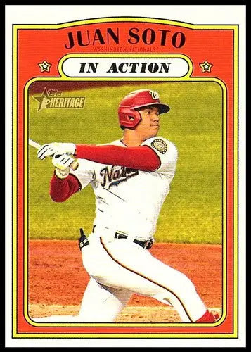 Original gloss 2021 Topps Heritage Juan Soto baseball card featuring Nationals in action