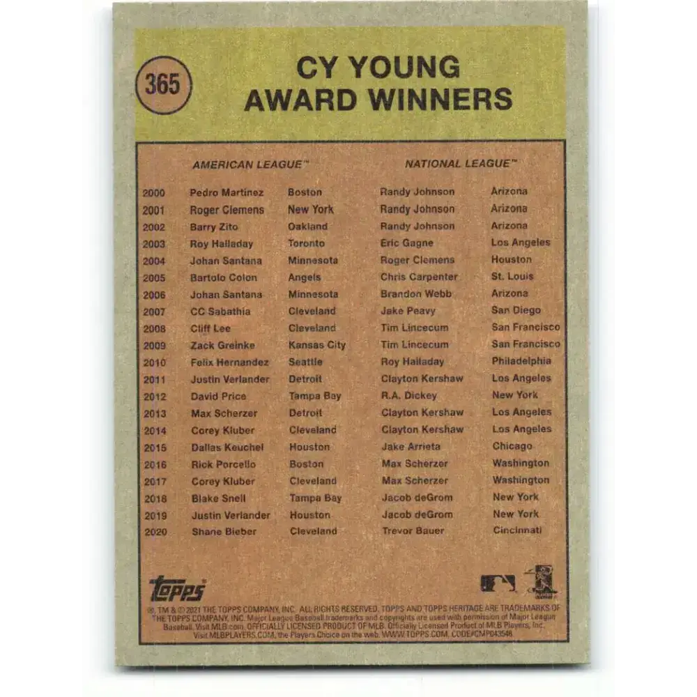2021 Topps Heritage #365 Cy Young Award NM-MT Baseball Card - Baseball Card Single