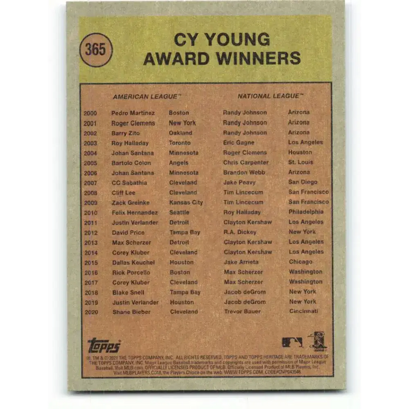 2021 Topps Heritage #365 Cy Young Award NM-MT Baseball Card - Baseball Card Single