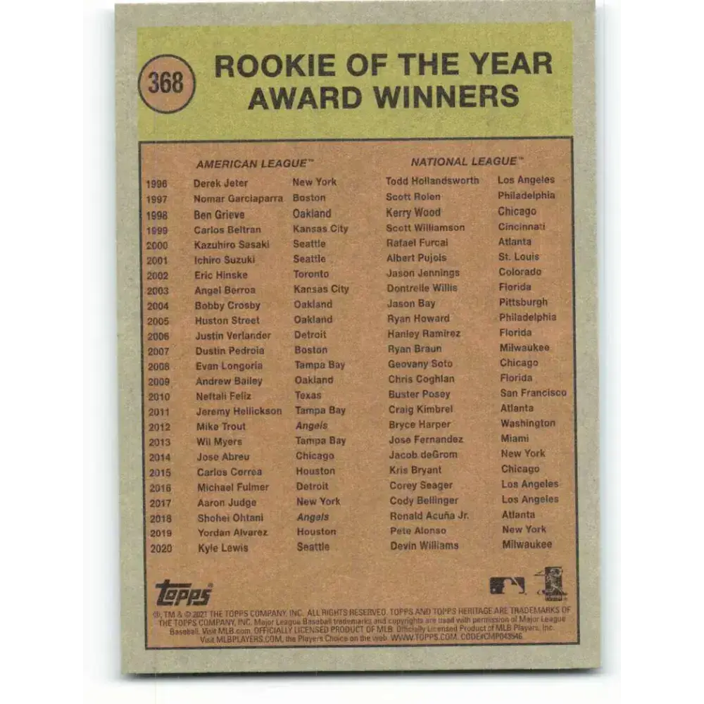 2021 Topps Heritage #368 Rookie of the Year Award NM-MT Baseball Card - Baseball Card Single