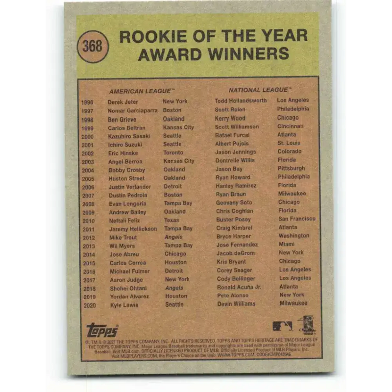 2021 Topps Heritage #368 Rookie of the Year Award NM-MT Baseball Card - Baseball Card Single