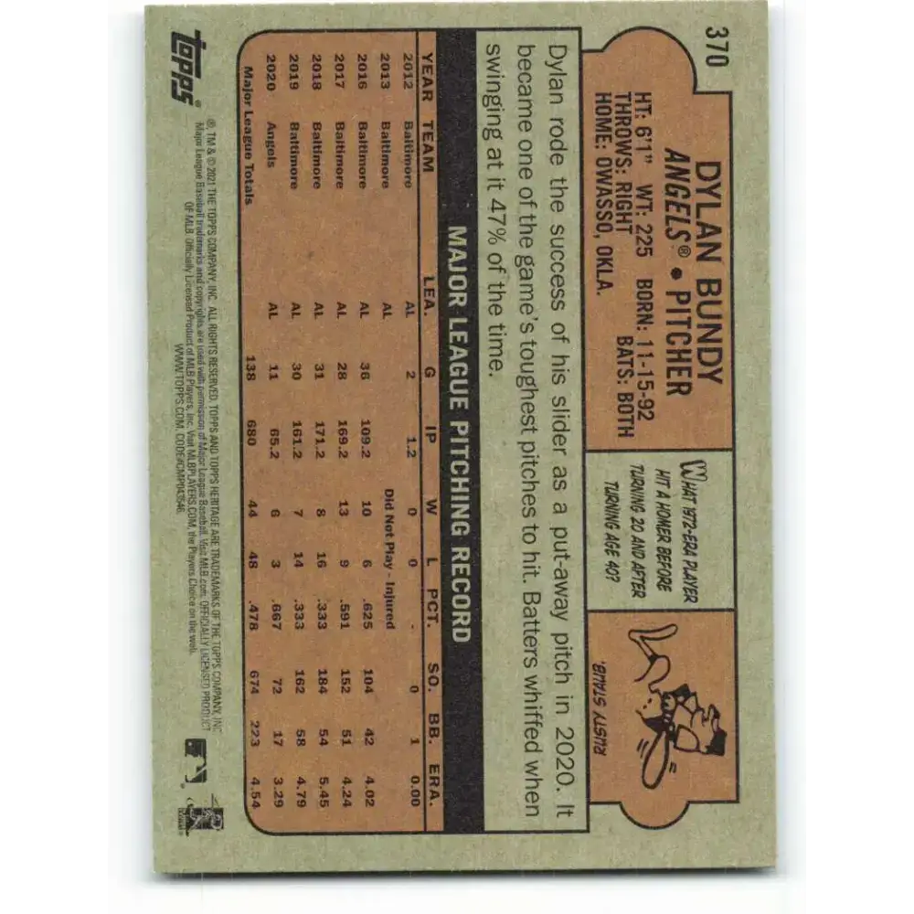 2021 Topps Heritage #370 Dylan Bundy NM-MT RC Rookie Los Angeles Angels Baseball Card - Baseball Card Single