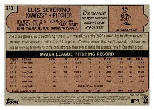 Baseball card back showcasing original gloss for 2021 Topps Heritage Luis Severino Yankees