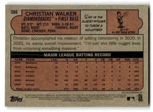 Baseball card back with original gloss from Topps Heritage featuring Christian Walker