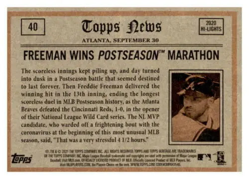 Baseball card back with original gloss from Topps Heritage featuring Freddie Freeman