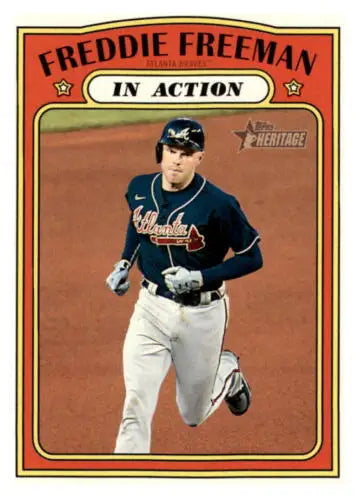 Original gloss 2021 Topps Heritage Freddie Freeman baseball card featuring In Action Braves image