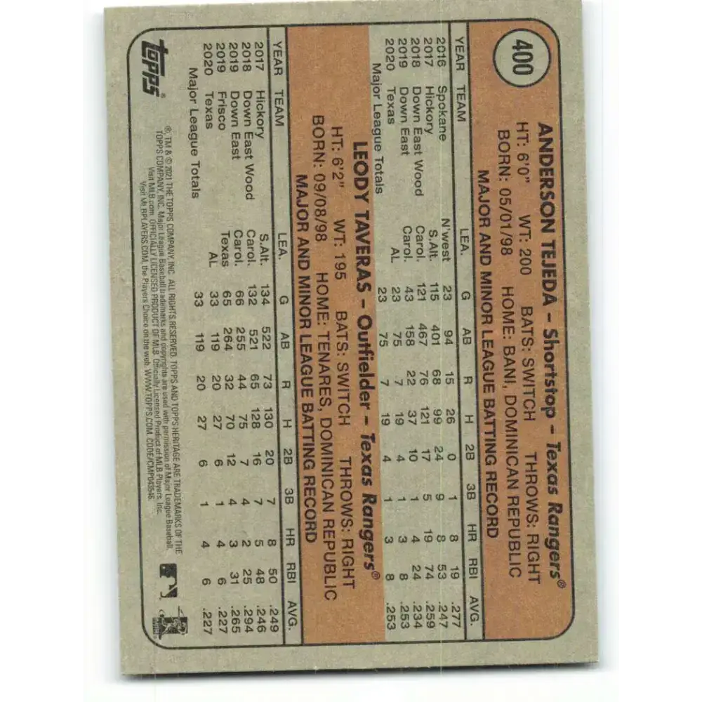 2021 Topps Heritage #400 Anderson Tejeda/Leody Taveras NM-MT RC Rookie Texas Rangers Baseball Card - Baseball Card