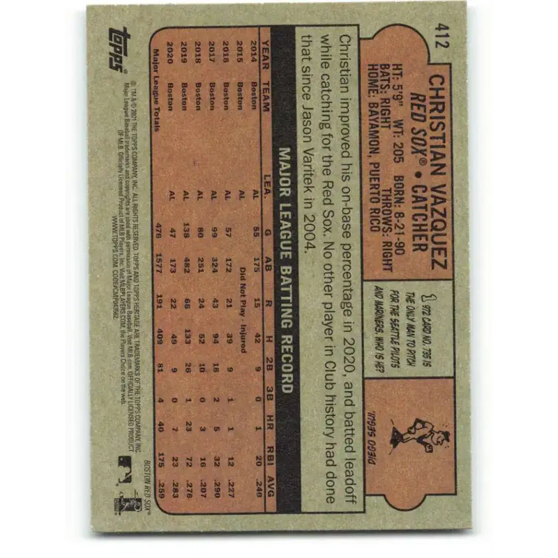 2021 Topps Heritage #412 Christian Vazquez NM-MT SP Boston Red Sox Baseball Card - Baseball Card Single