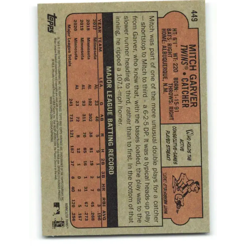 2021 Topps Heritage #449 Mitch Garver NM-MT SP Minnesota Twins Baseball Card - Baseball Card Single