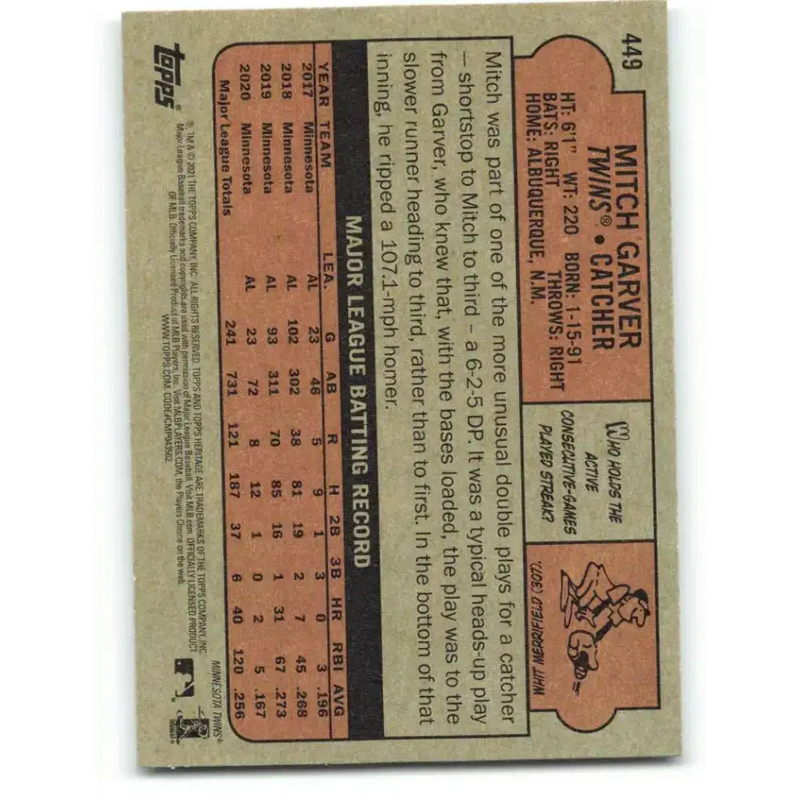 2021 Topps Heritage #449 Mitch Garver NM-MT SP Minnesota Twins Baseball Card - Baseball Card Single