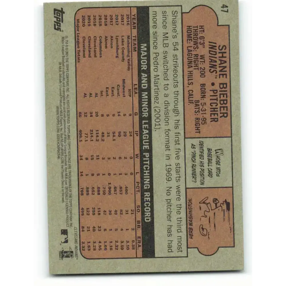 2021 Topps Heritage #47 Shane Bieber NM-MT Cleveland Indians Baseball Card - Baseball Card Single
