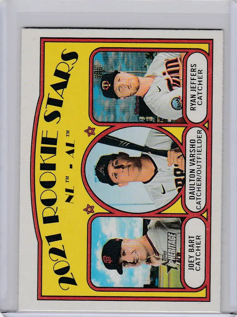 Vintage Topps Heritage card featuring player portraits of Joey Bart and Daulton Varsho