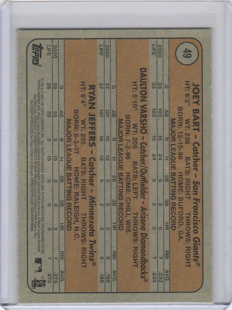 Baseball card featuring Joey Bart and Daulton Varsho from Topps Heritage 2021