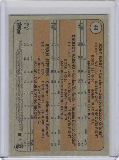 Baseball card featuring Joey Bart and Daulton Varsho from Topps Heritage 2021