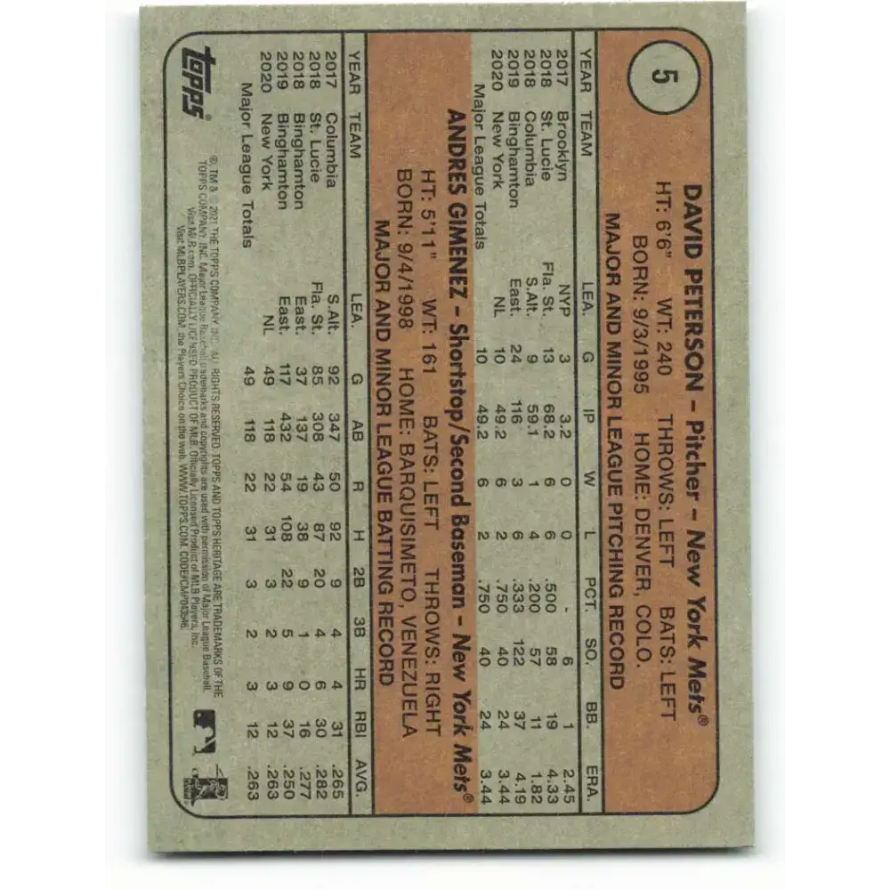 2021 Topps Heritage #5 David Peterson/Andres Gimenez NM-MT RC Rookie New York Mets Baseball Card - Baseball Card Single