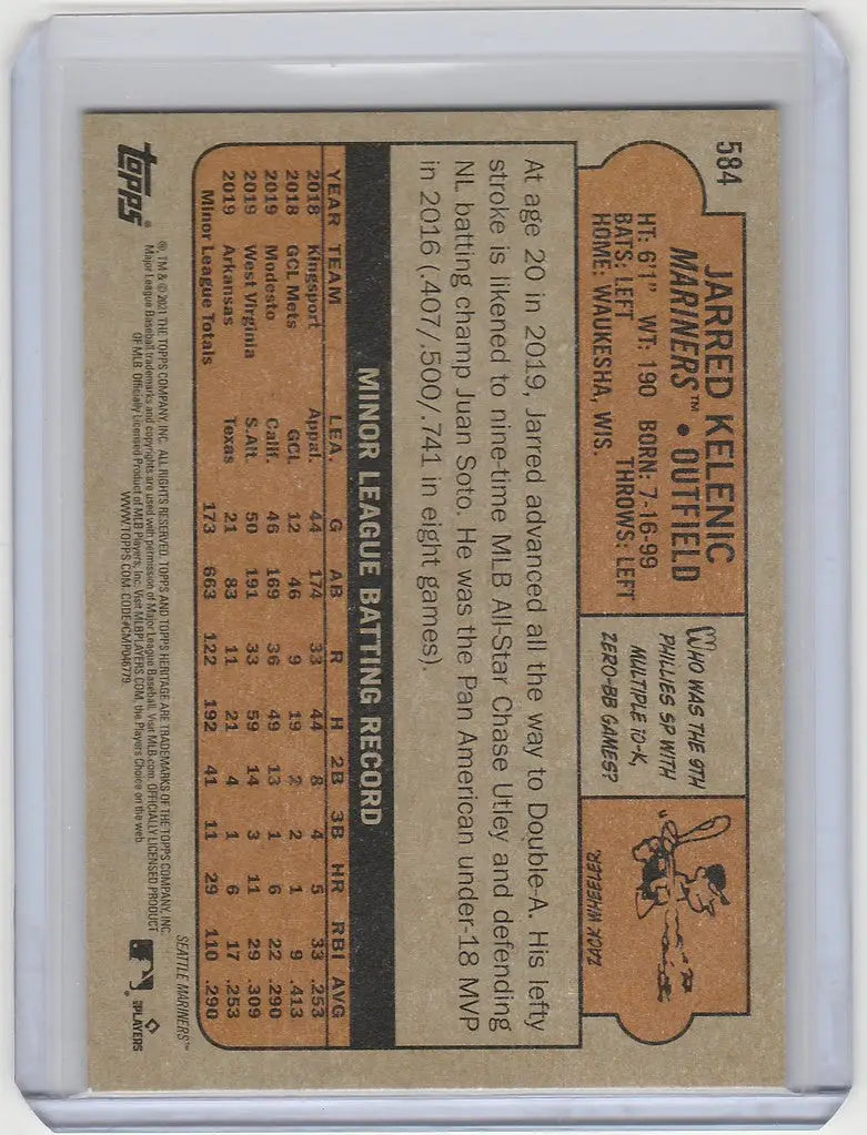 Vintage baseball card of Jarred Kelenic Seattle Mariners with player stats and bio