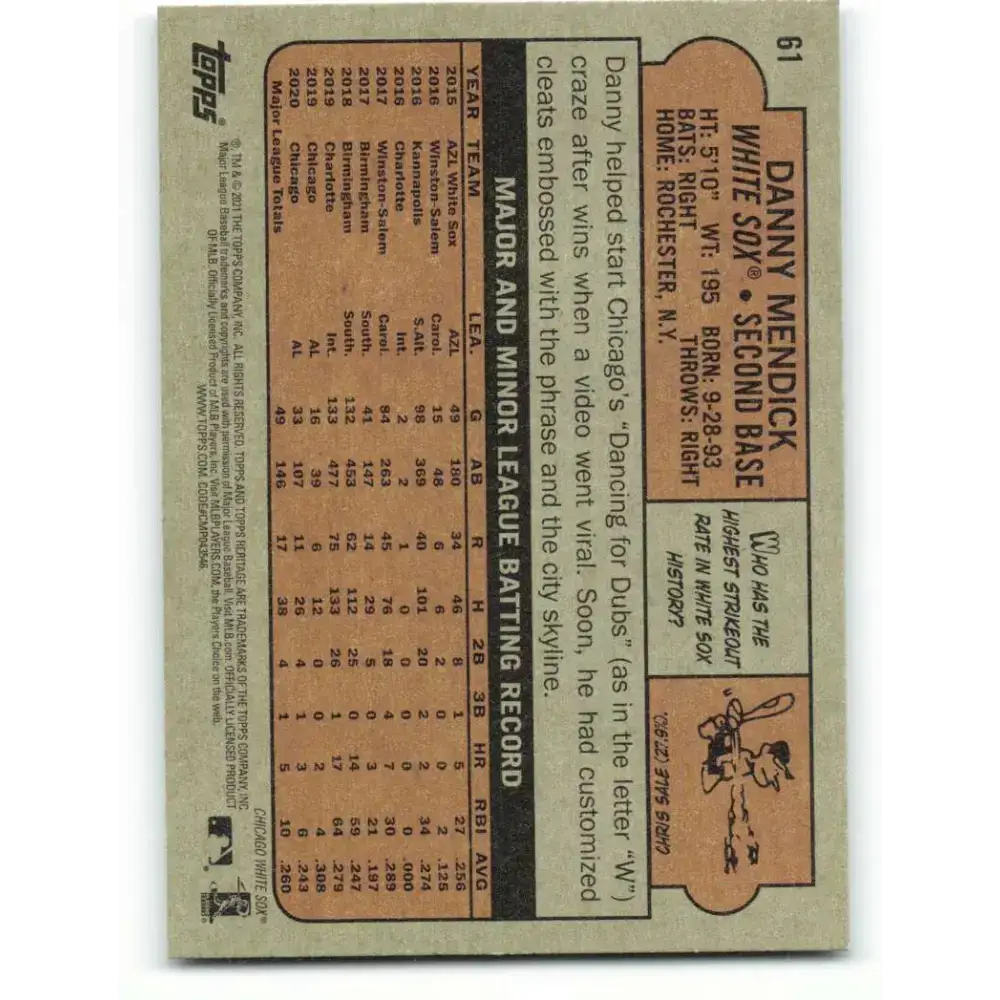2021 Topps Heritage #61 Danny Mendick NM-MT Chicago White Sox Baseball Card - Baseball Card Single