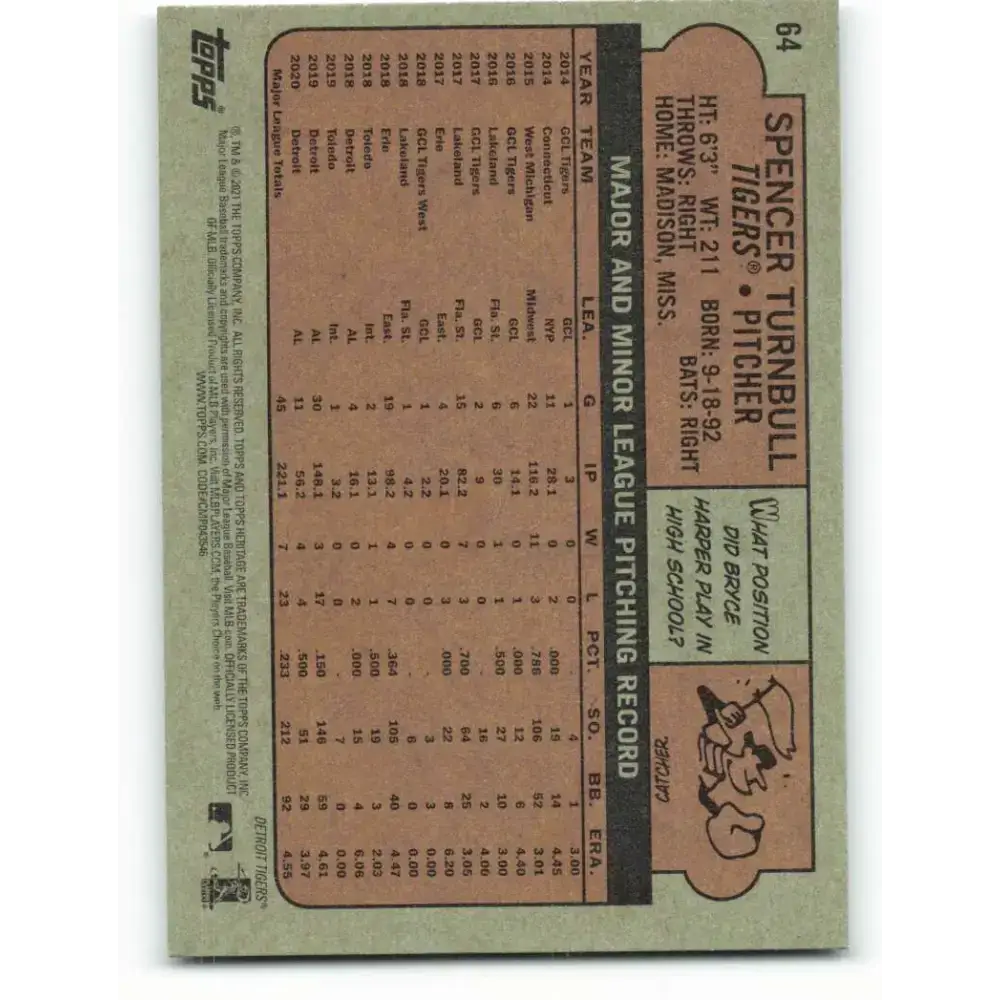 2021 Topps Heritage #64 Spencer Turnbull NM-MT Detroit Tigers Baseball Card - Baseball Card Single