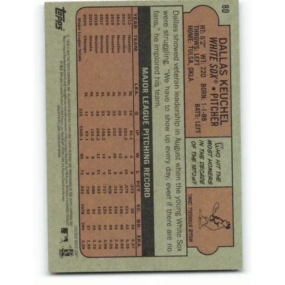 2021 Topps Heritage #80 Dallas Keuchel NM-MT Chicago White Sox Baseball Card - Baseball Card Single
