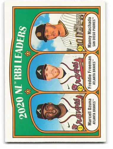 Original gloss baseball card featuring Manny Machado, Marcell Ozuna, Freddie Freeman