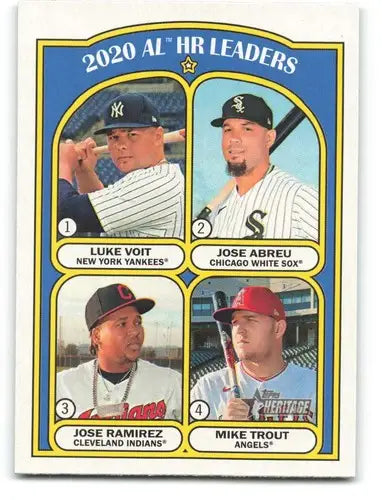 2020 AL HR Leaders baseball card featuring Mike Trout and Jose Abreu from Topps Heritage