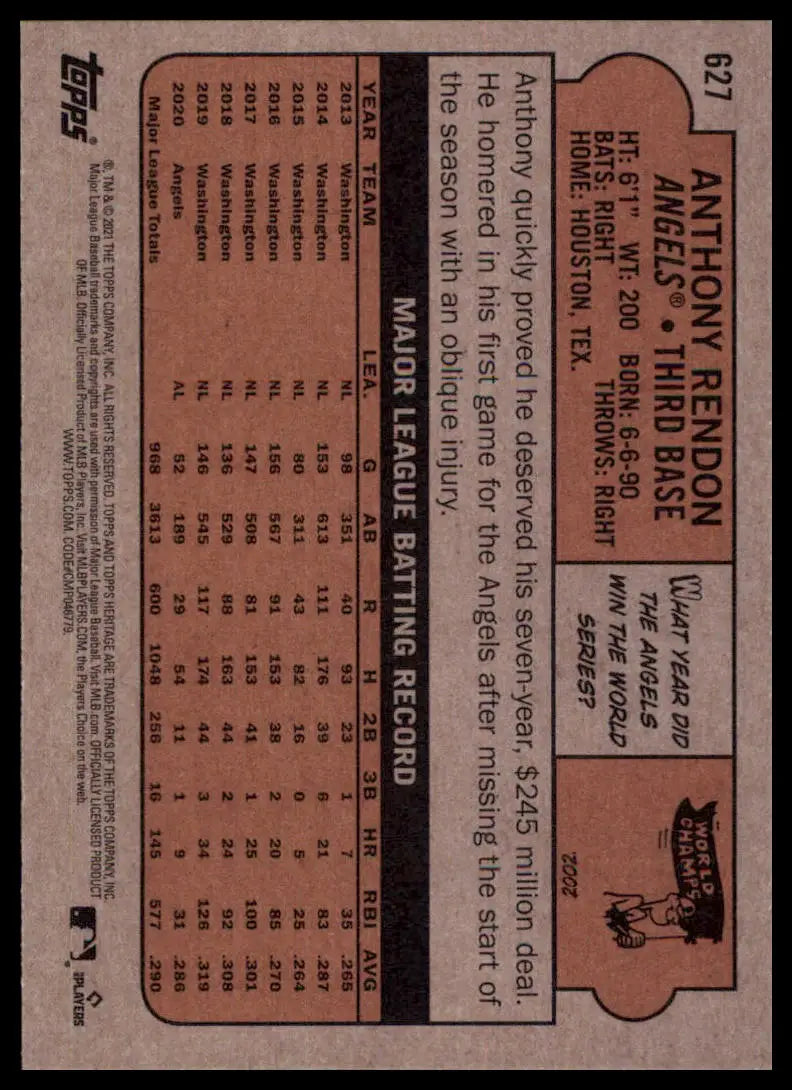 2021 Topps Heritage Anthony Rendon 627 Los Angeles Angels NM