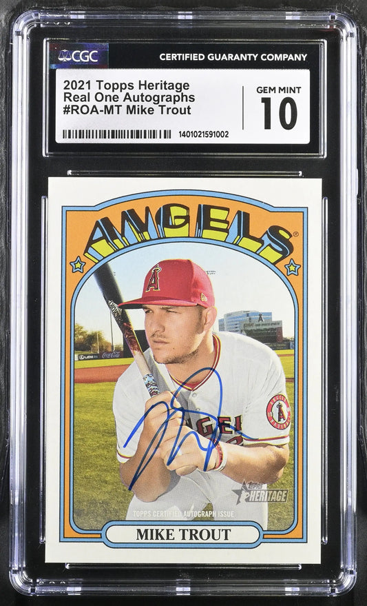 Graded encapsulated 2021 Topps Heritage Mike Trout Autograph CGC 10 baseball card