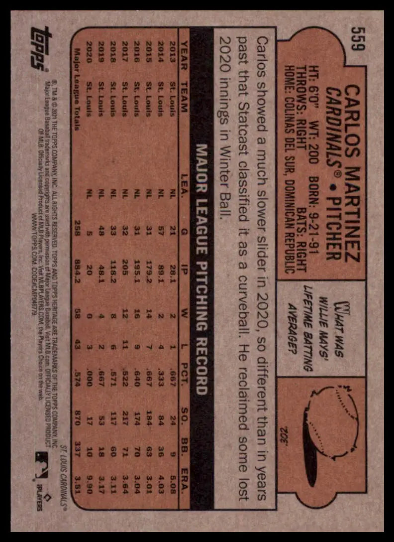 2021 Topps Heritage Carlos Martinez 559 St. Louis Cardinals NM - Baseball Card Single
