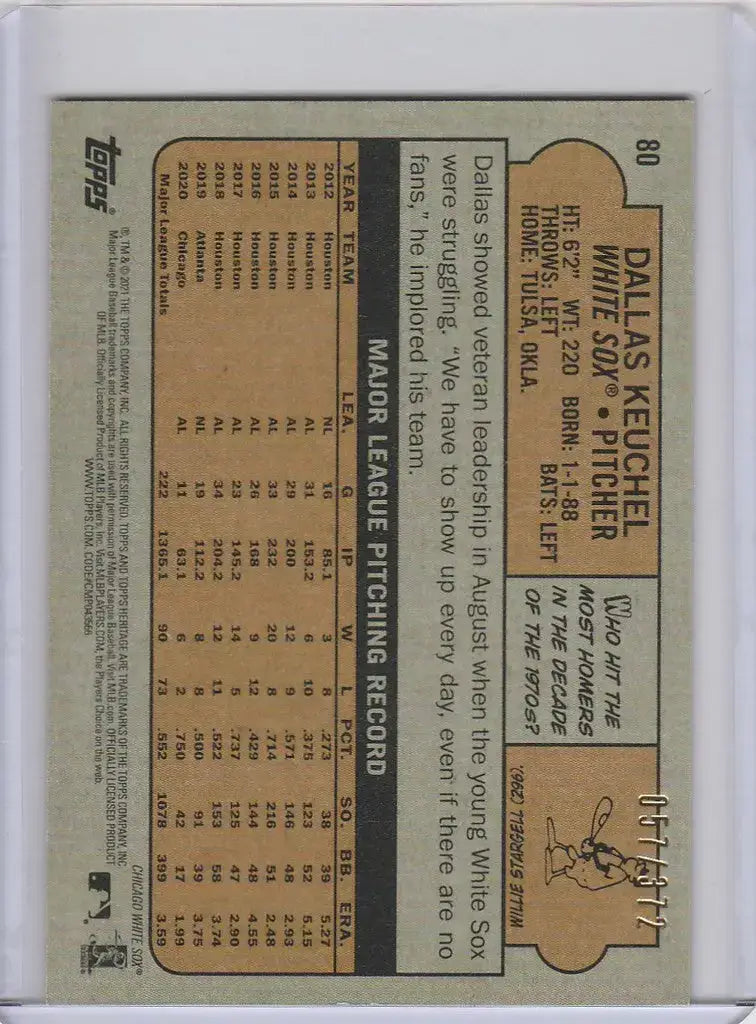2021 Topps Heritage Chrome Red #80 Dallas Keuchel Chicago White Sox 57/372