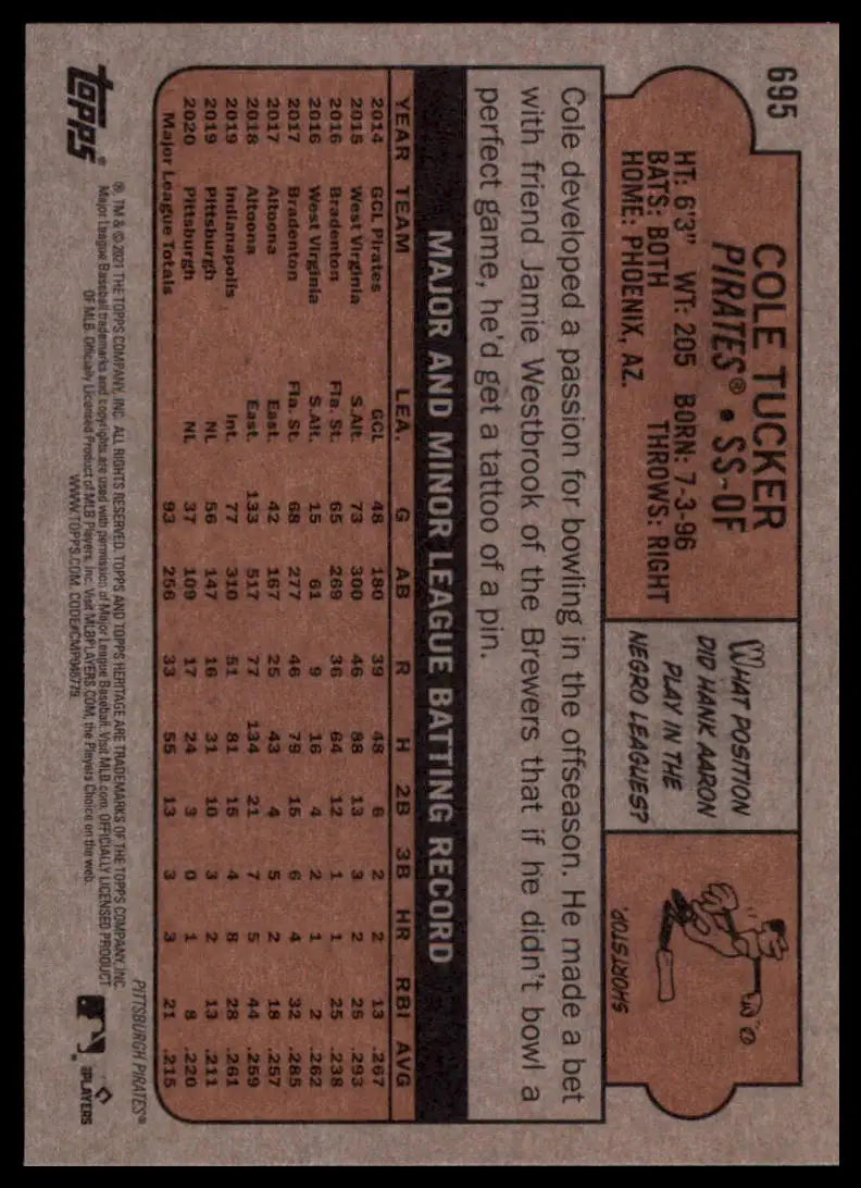 2021 Topps Heritage Cole Tucker 695 Pittsburgh Pirates NM - Baseball Card Single
