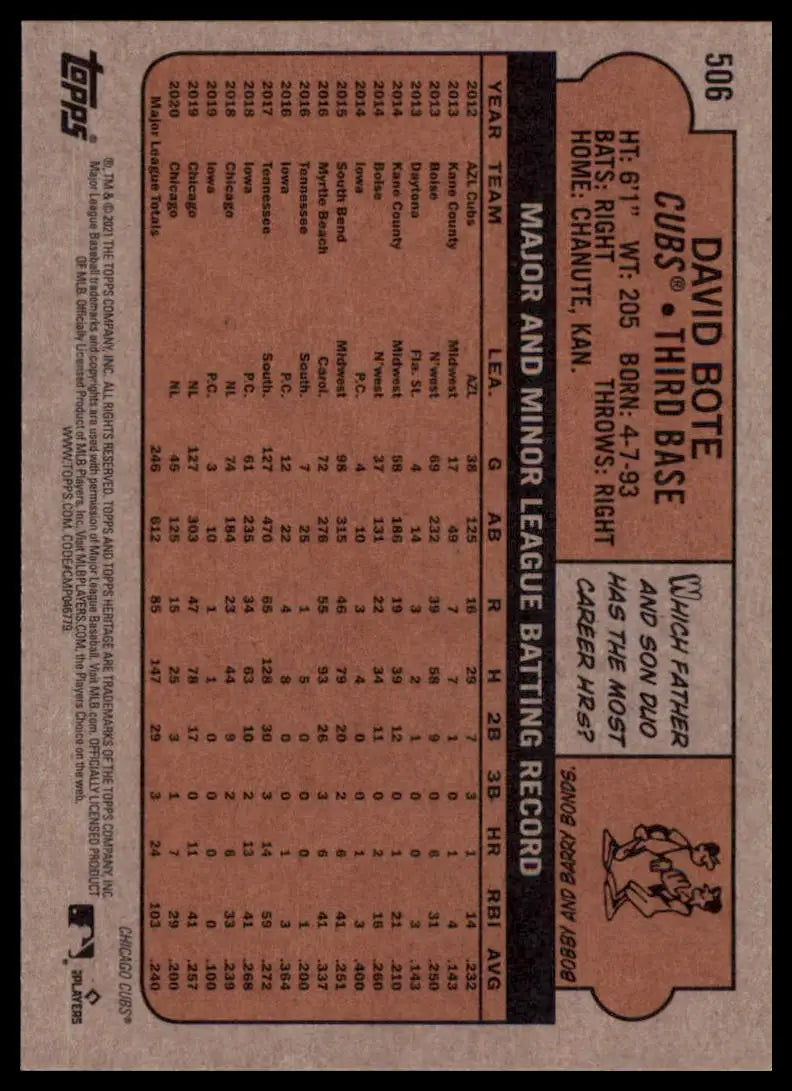 2021 Topps Heritage David Bote 506 Chicago Cubs NM - Baseball Card Single