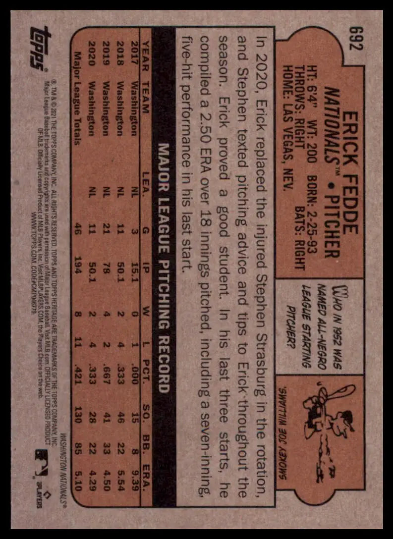 2021 Topps Heritage Erick Fedde 692 Washington Nationals NM