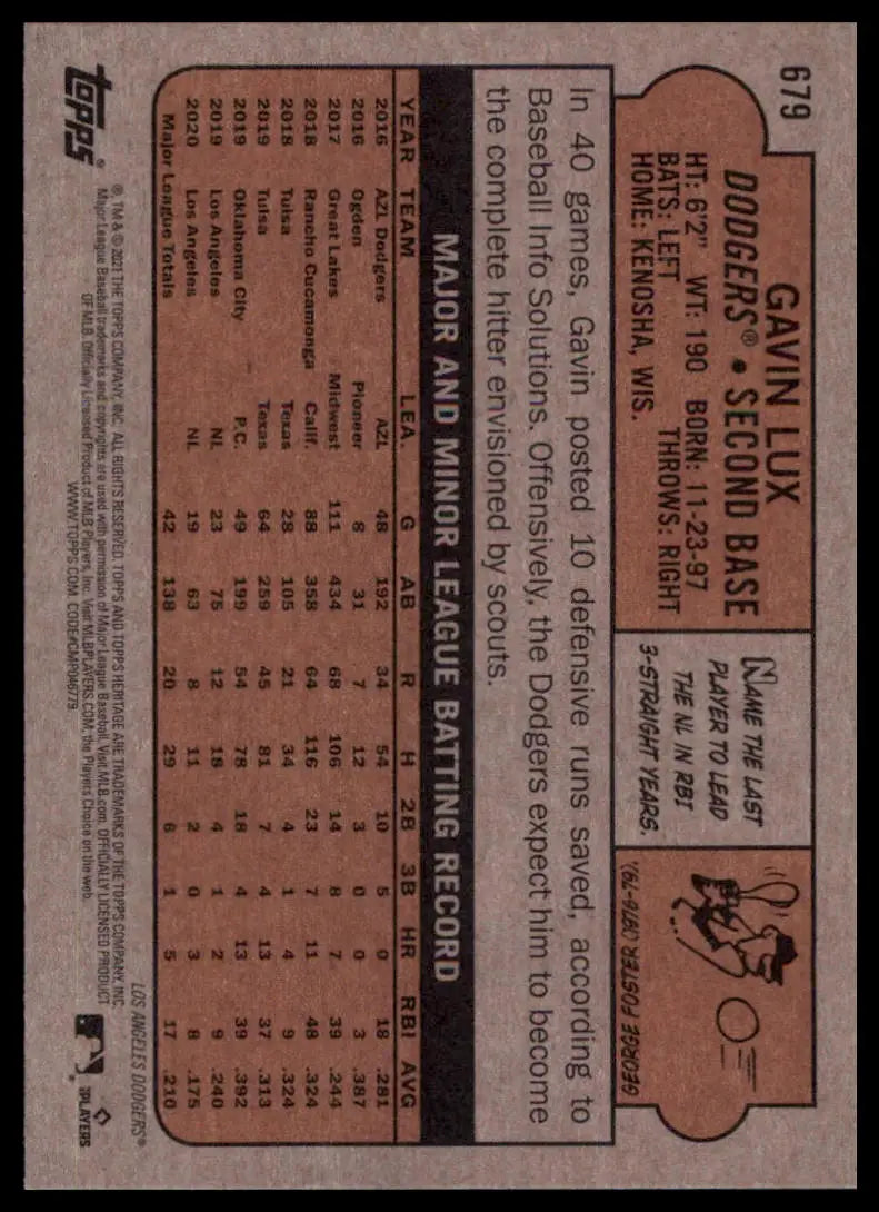 2021 Topps Heritage Gavin Lux 679 Los Angeles Dodgers NM