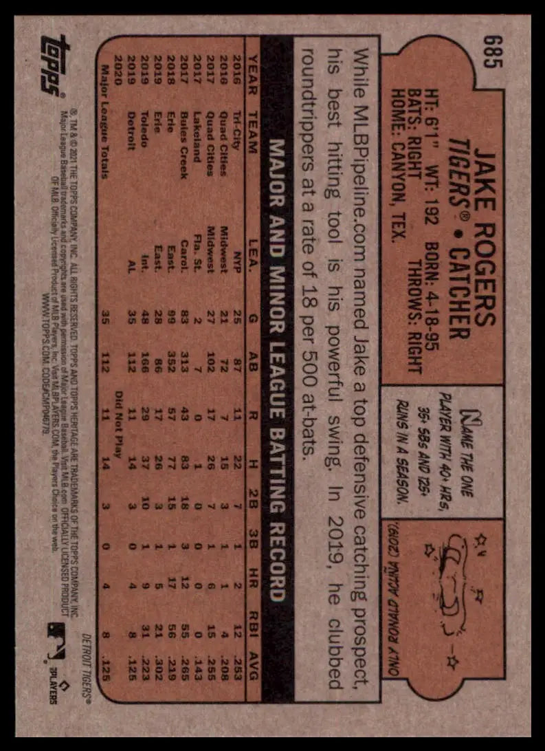 2021 Topps Heritage Jake Rogers 685 Detroit Tigers NM - Baseball Card Single