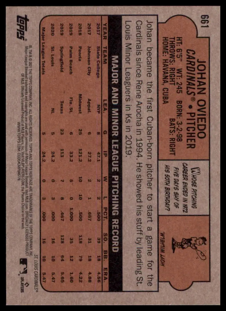 2021 Topps Heritage Johan Oviedo RC 661 St. Louis Cardinals NM - Baseball Card Single