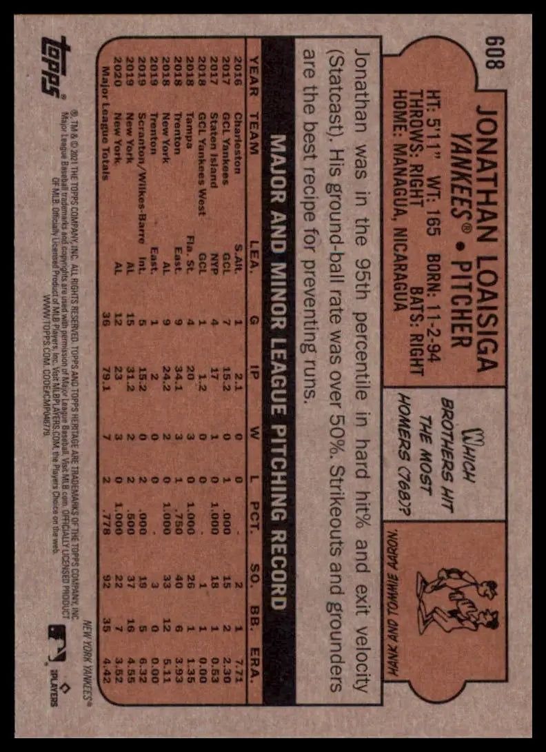2021 Topps Heritage Jonathan Loaisiga 608 New York Yankees NM - Baseball Card Single