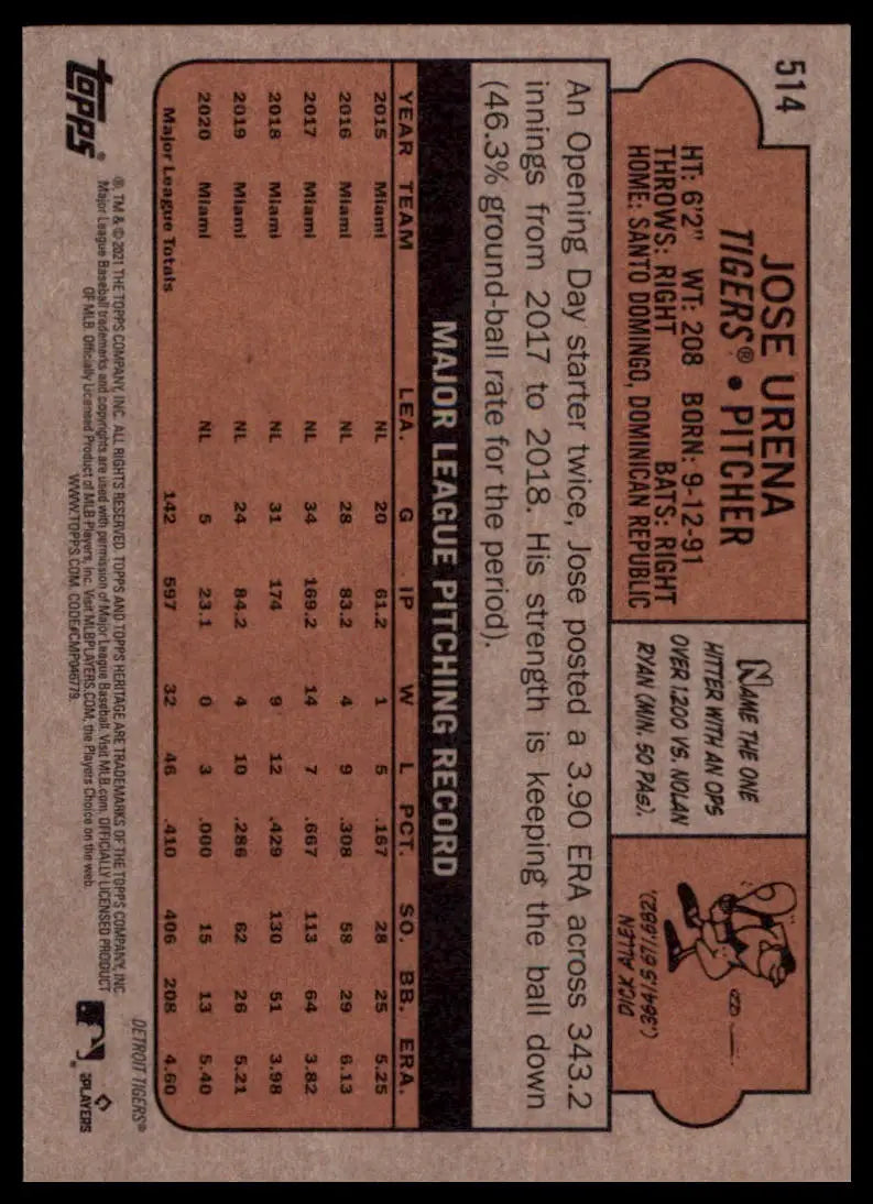 2021 Topps Heritage Jose Urena 514 Detroit Tigers NM - Baseball Card Single