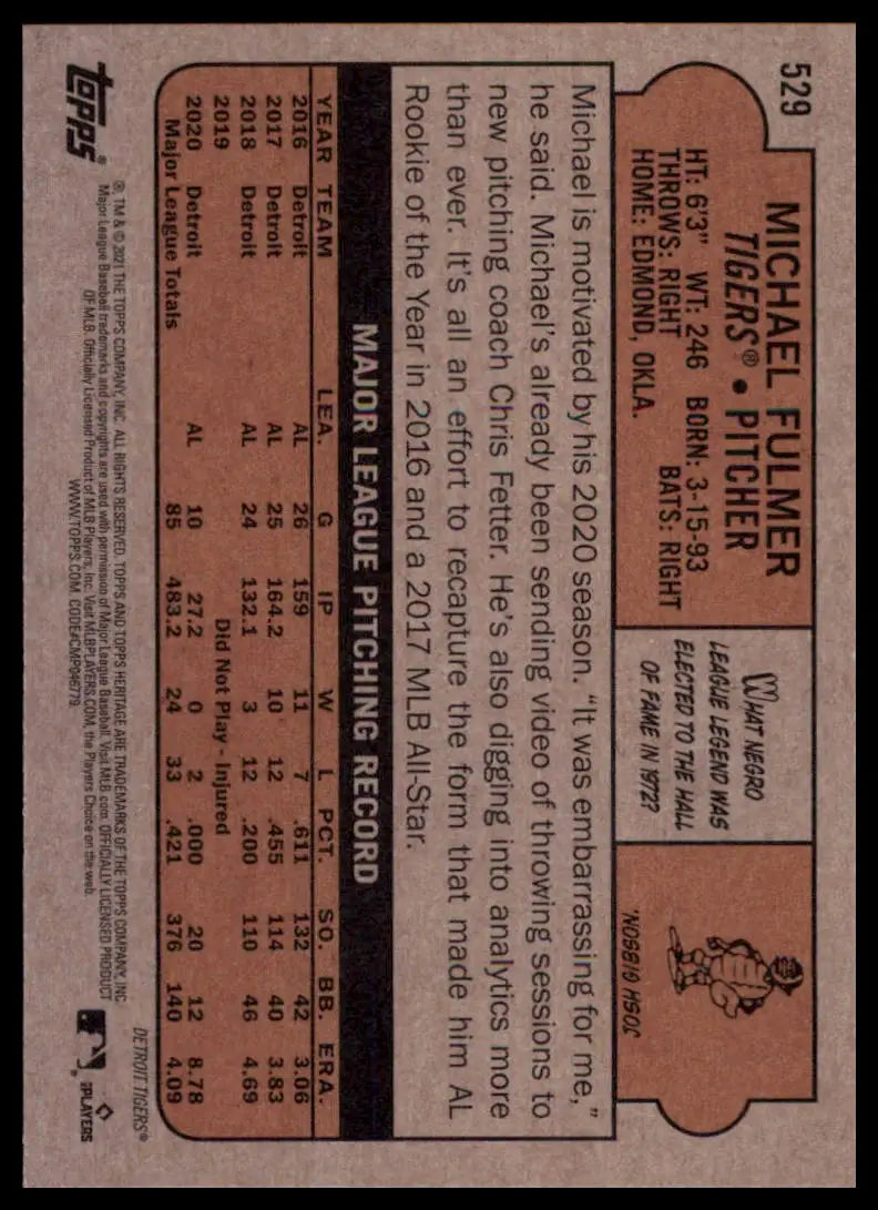2021 Topps Heritage Michael Fulmer 529 Detroit Tigers NM - Baseball Card Single